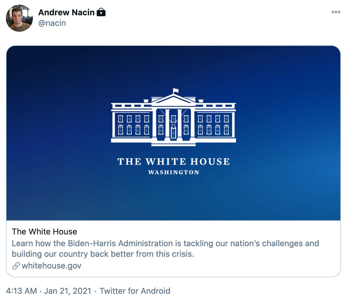 WordPress lead developer Andrew Nacin's tweet about Whitehouse.gov