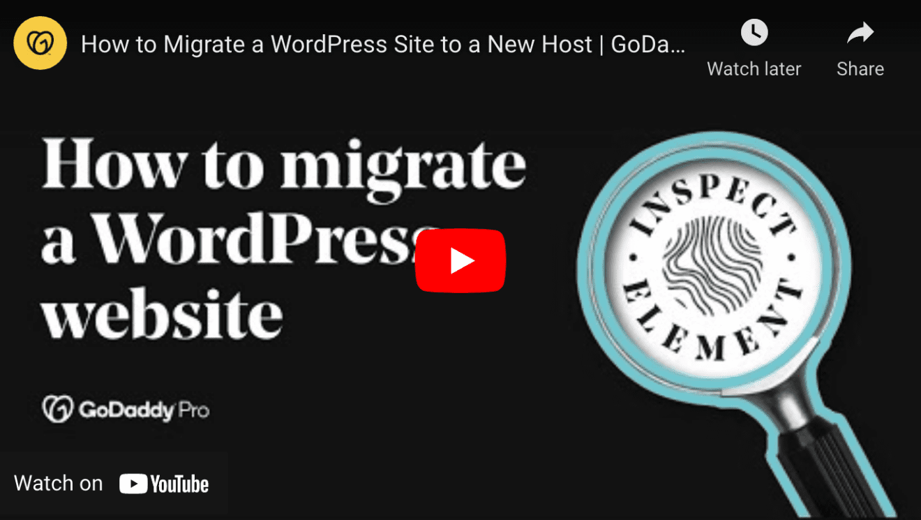 YouTube video titled How to migrate a WordPress website by GoDaddy Pro.