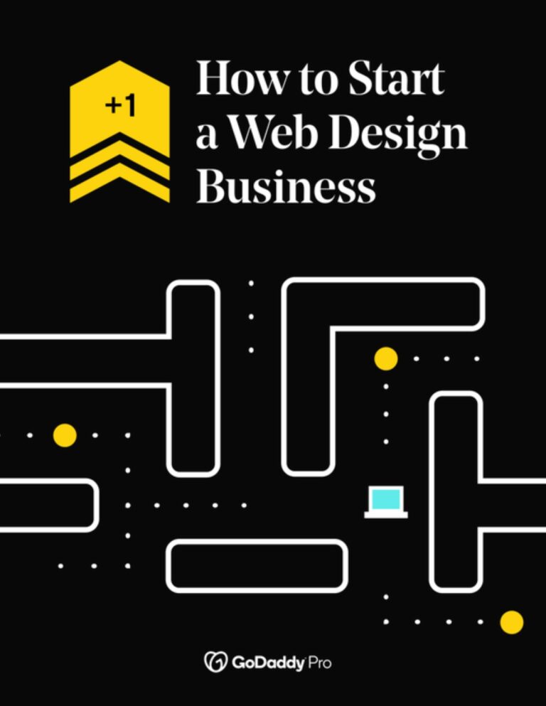 A Pac Man-style graphic with a mini computer navigating a maze, with the text 'how to start a web design business'.