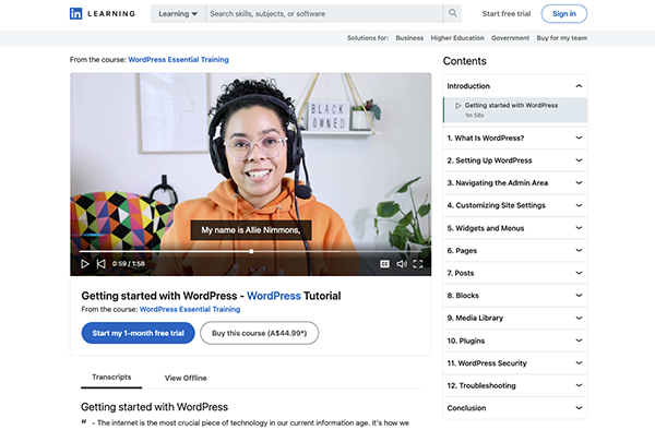 Allie Nimmons speaks in the first video of LinkedIn Learning's WordPress Essentials Course.