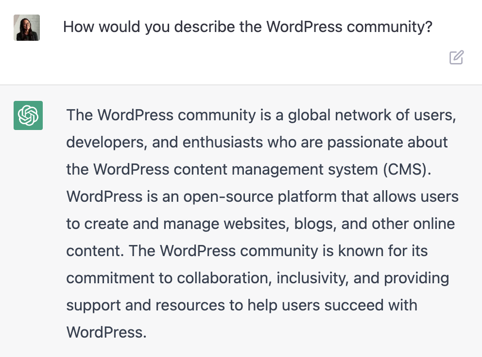 Screenshot of a ChatGPT explaination of the WordPress community.