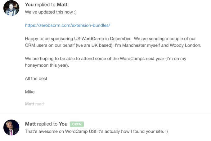 A conversation between Matt Stott and Matt Mullenweg, in which Mullenweg says he discovered Stott's company via WordCamp US.