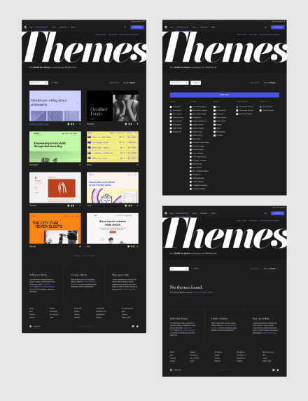 Three mock-up designs for the WordPress.org themes directory redesign.