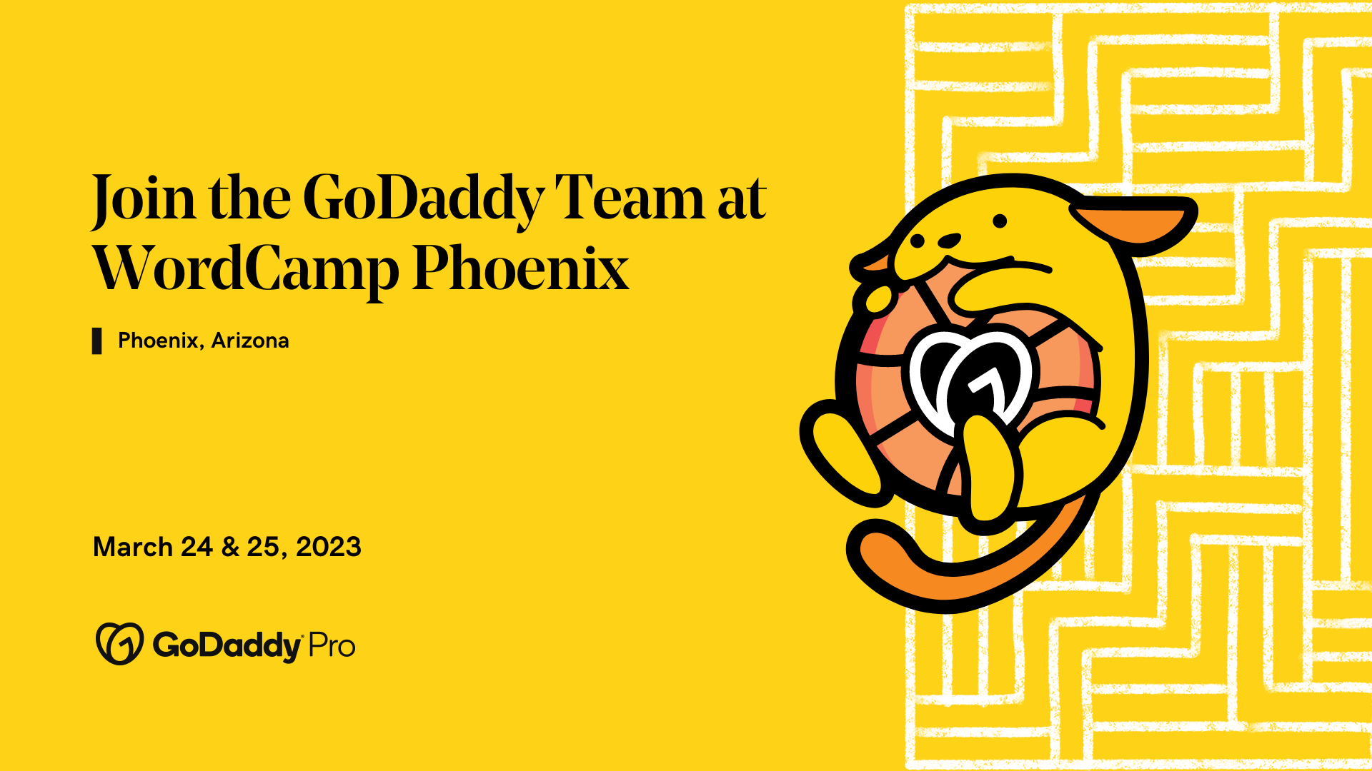 A yellow rectangle with the text "Join the GoDaddy Team at WordCamp Phoenix"