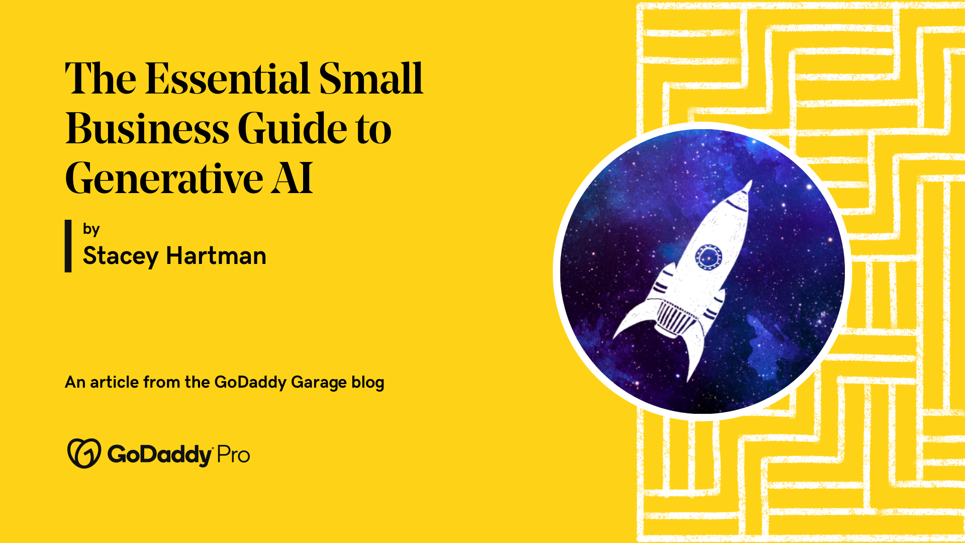 A yellow banner with a spaceship on it that reads "The Essential Small Business Guide to Generative AI by Stacey Hartman"