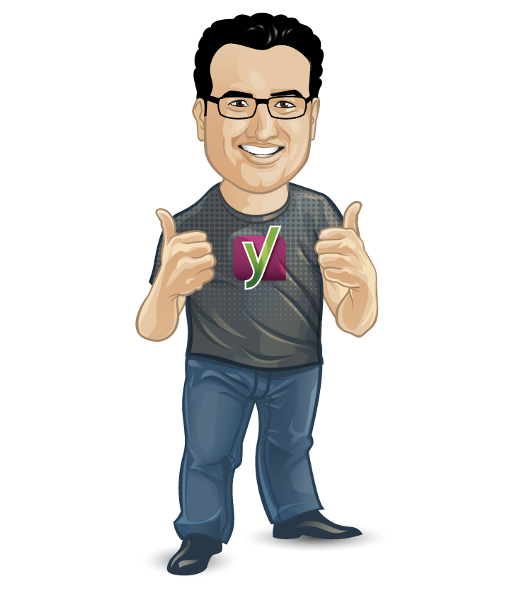 A cartoon image of a smiling man with black hair wearing glasses, jeans, and a t-shirt with a Yoast logo.