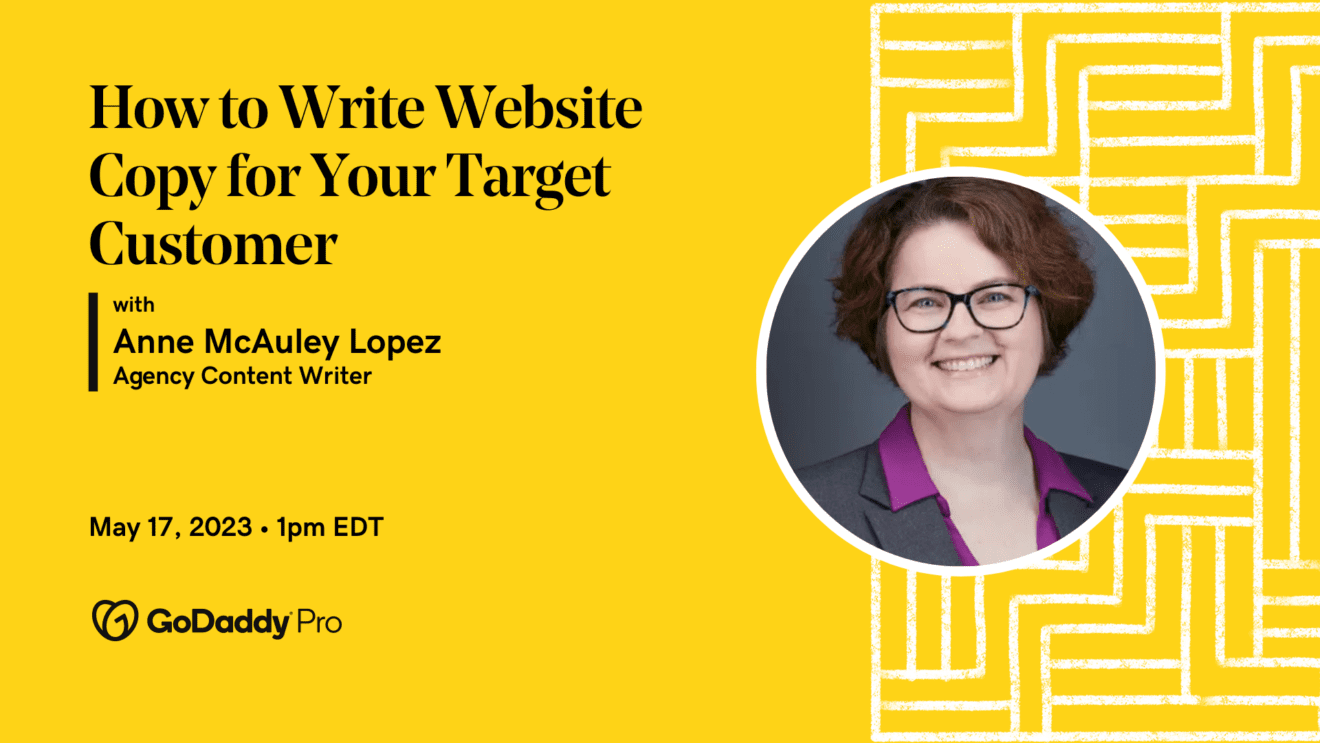 A yellow banner ad featuring a women with glasses and short, brown hair and the text "How to Write Website Copy for Your Target Customer."