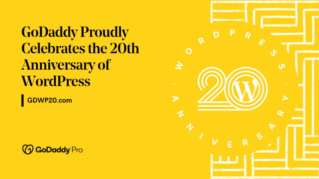 A yellow 20th anniversary banner with the text "GoDaddy Proudly Celebrates the 20th Anniversary of WordPress."