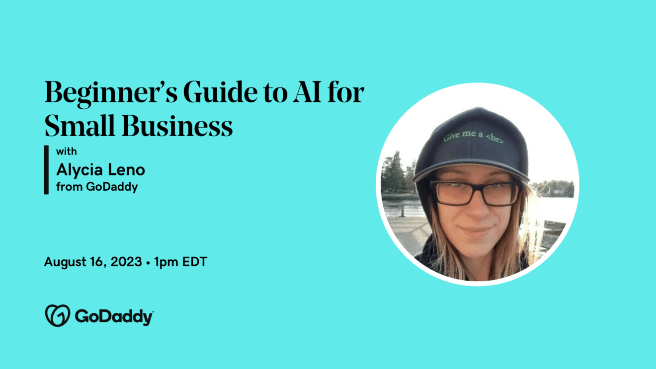 A blue banner image with the text "Beginner's Guide to AI for Small Business" and a photo of a woman wearing glasses and a baseball cap.