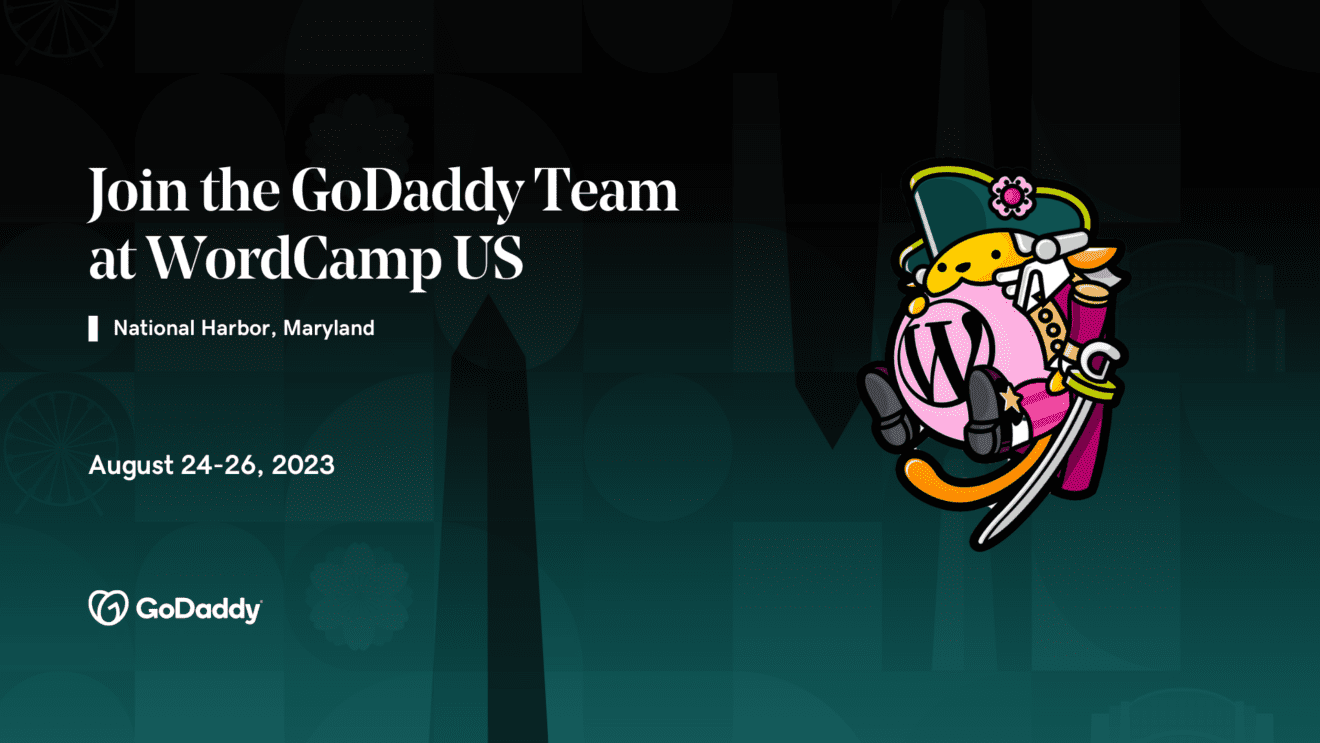 A green banner with a gradient featuring a Wapuu and the words "Join the GoDaddy team at WordCamp US"