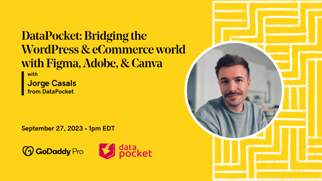 A yellow banner image with the text "DataPocket: Bridging the WordPress & eCommerce World with Figma, Adobe, & Canva" and a round photo of a man wearing a grey shirt.