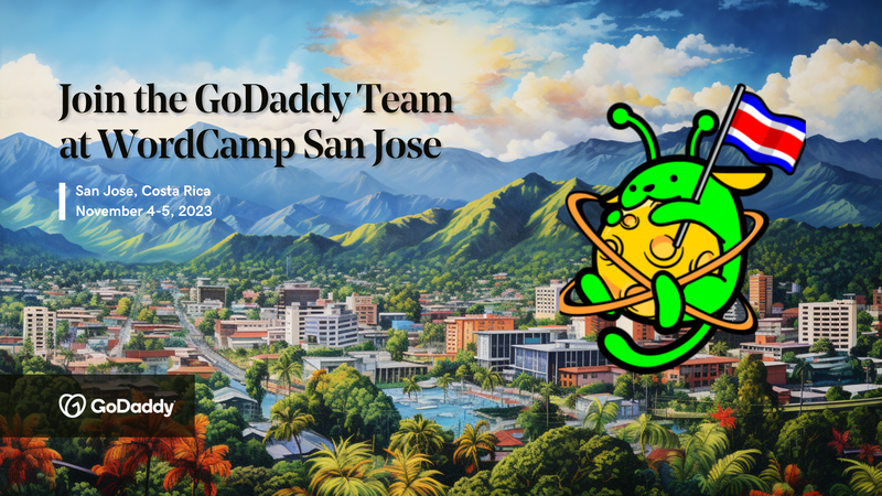 The words "Join the GoDaddy Team at WordCamp San Jose" against a background illustration of San Jose and an illustration of a green Wapuu.