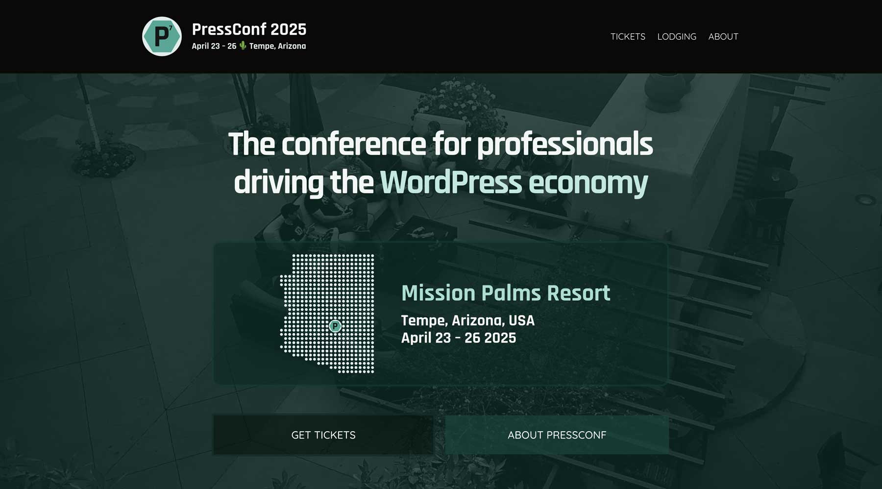 A promotional webpage for PressConf 2025 features a dark background with green accents. The main text highlights the conference's focus on professionals in the WordPress economy. It provides details about the event, including the location at Mission Palms Resort in Tempe, Arizona, and the dates from April 23 to 26, 2025. There are buttons for purchasing tickets and learning more about the conference. A stylized map of Arizona is included, along with images of a landscaped area and seating arrangements.