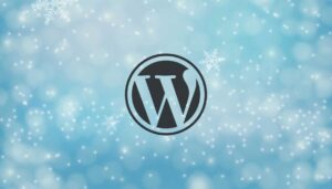 A soft blue background features a subtle bokeh effect with sparkling lights. The central focus is the WordPress logo, which is circular with a black outline and a light blue "W" in the center. Snowflakes are scattered around the logo, enhancing a winter theme.