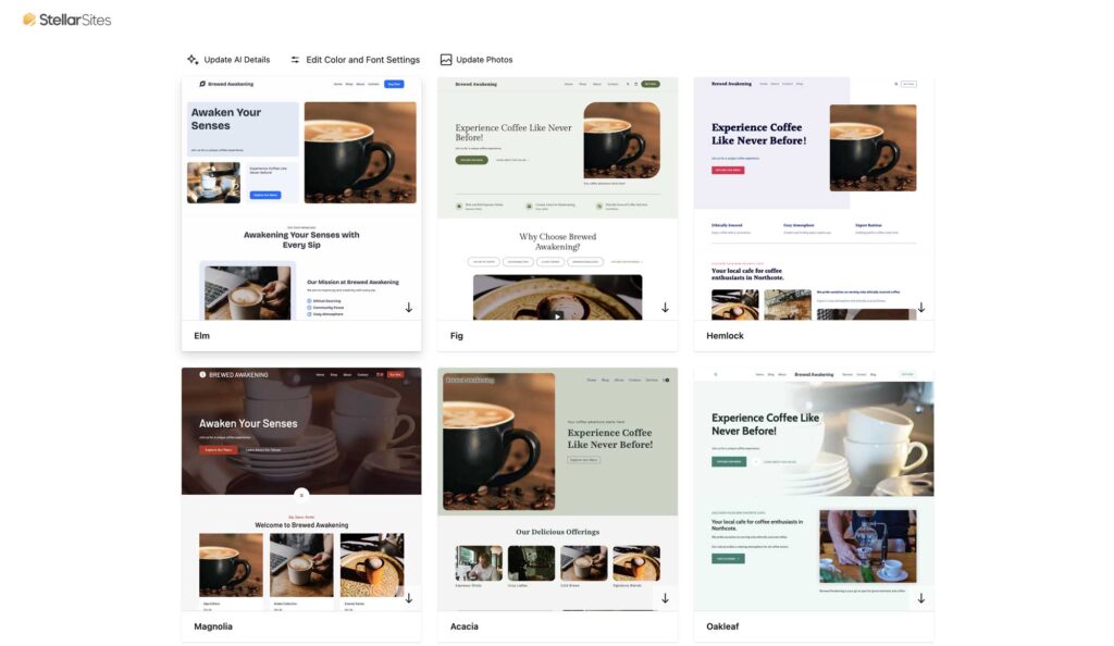 Alt text: Multiple website design layouts for "Brewed Awakening" coffee shop.