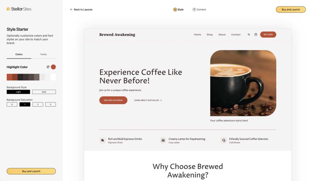 A coffee shop website layout featuring a dark cup of coffee and beans.