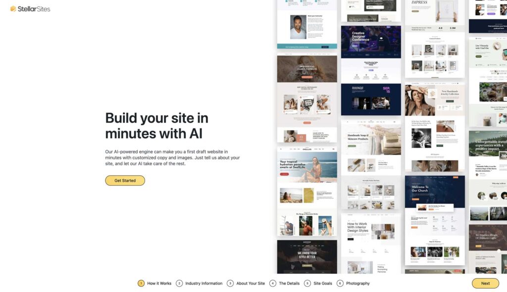 Alt text: Website design interface showcasing AI-powered site creation options.