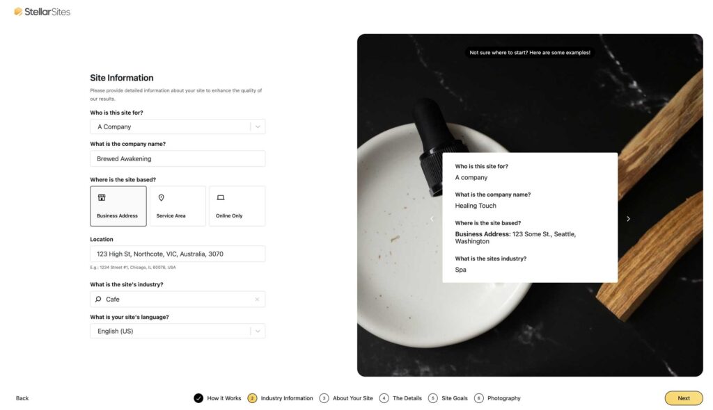 A form for site information with fields for company name, location, industry, and language.