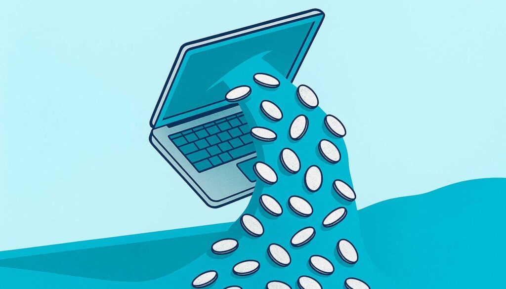 A laptop with money flowing out of it against a light blue background.