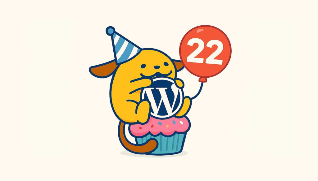 A Wapuu wearing a party hat sits on a cupcake, holding a balloon with "22" and the WordPress logo.