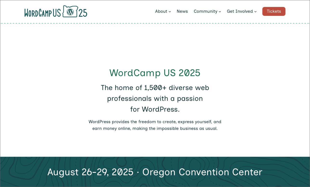 Announcement for WordCamp US 2025, August 26-29, at Oregon Convention Center.